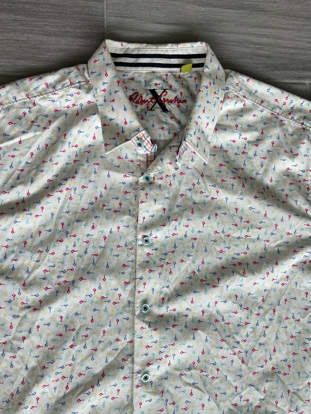 ROBERT GRAHAM X Question Marks Shirt Men's 2XL White with Multicolor Symbols - Picture 2 of 9